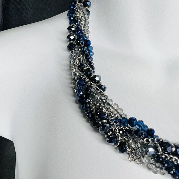 Vintage Necklace Midnight Blue Bling Multi Strand Faceted Beads Chain Wrap 1175 - Picture 5 of 11